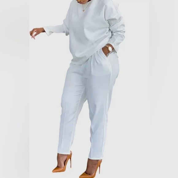 Casual Two-piece Set, Crew Neck Long Sleeve Top & Slant Pockets Pants Outfit - Picture 2 of 8